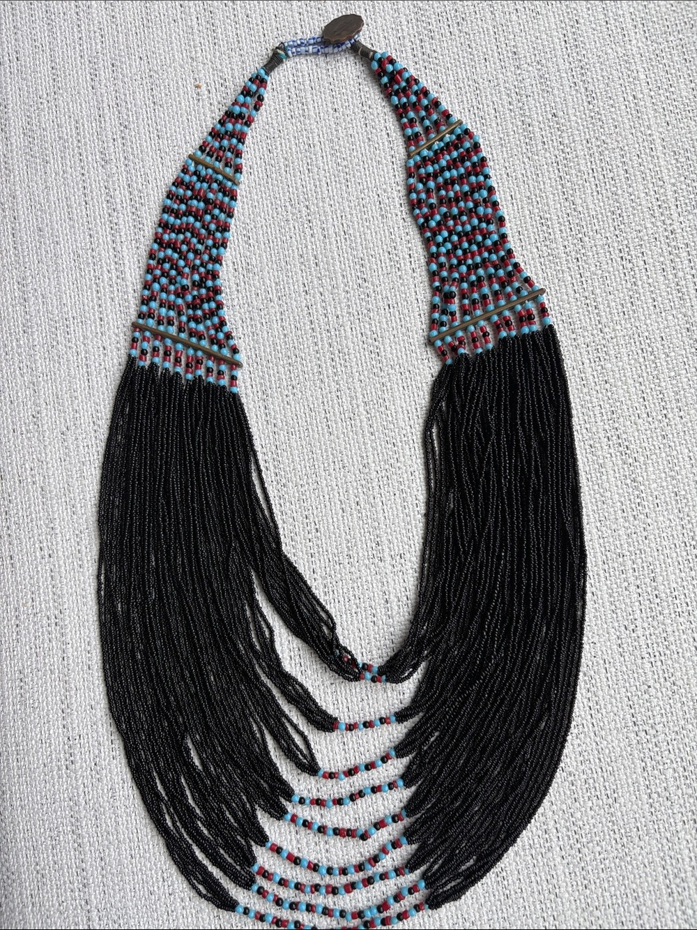 Multi-Strand Beaded Fringe Necklace in Black, Turquoise & Red